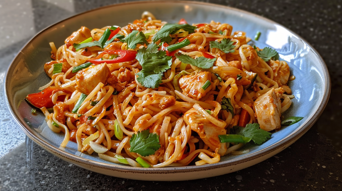 Einfache Ba Mee Pad Prik Gaeng: Nudelgericht mit roter Curry-Paste und Huhn