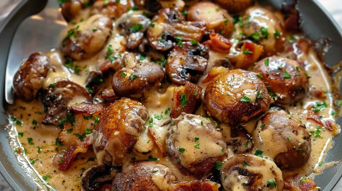 Köstliche Champignons mit knusprigem Bacon in cremiger Knoblauch-Soße