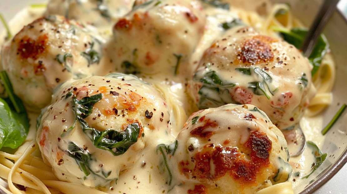 Köstliche Hähnchen-Ricotta-Fleischbällchen mit cremiger Spinat-Alfredo-Sauce