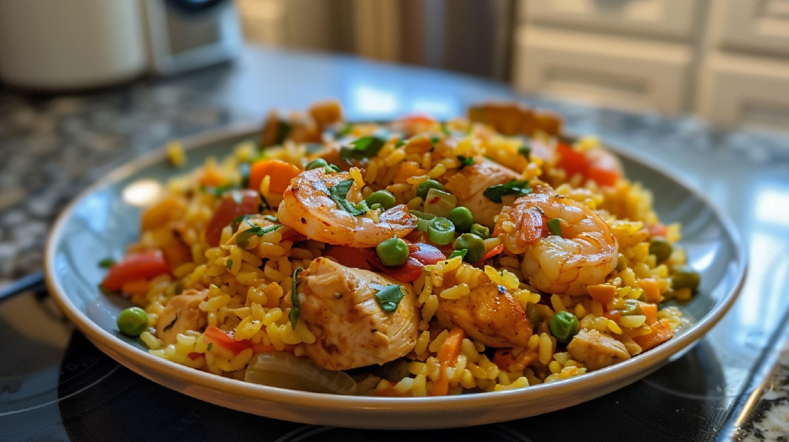 Einfache Paella mit Hähnchen und Meeresfrüchten